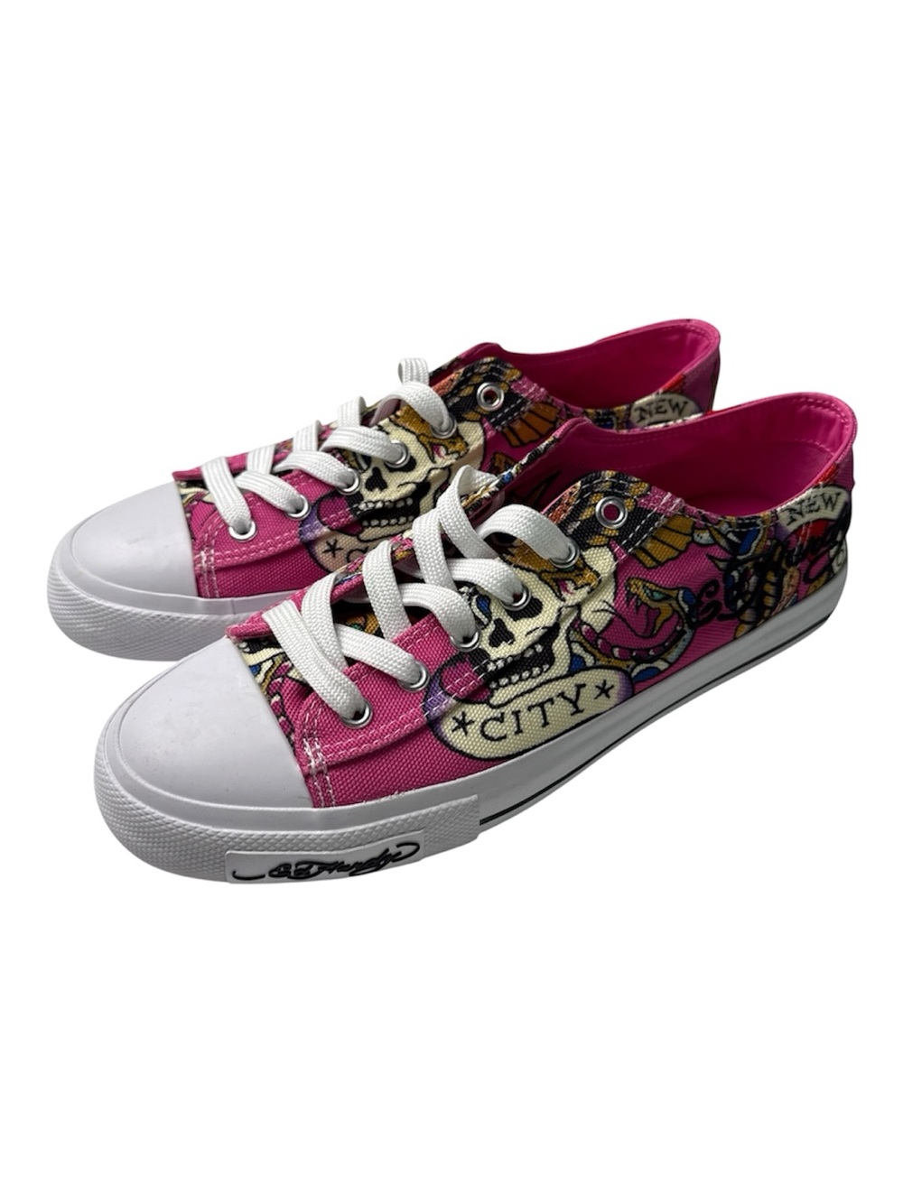 Ed Hardy Pink Graphic Skull Low-Top Canvas Sneakers
